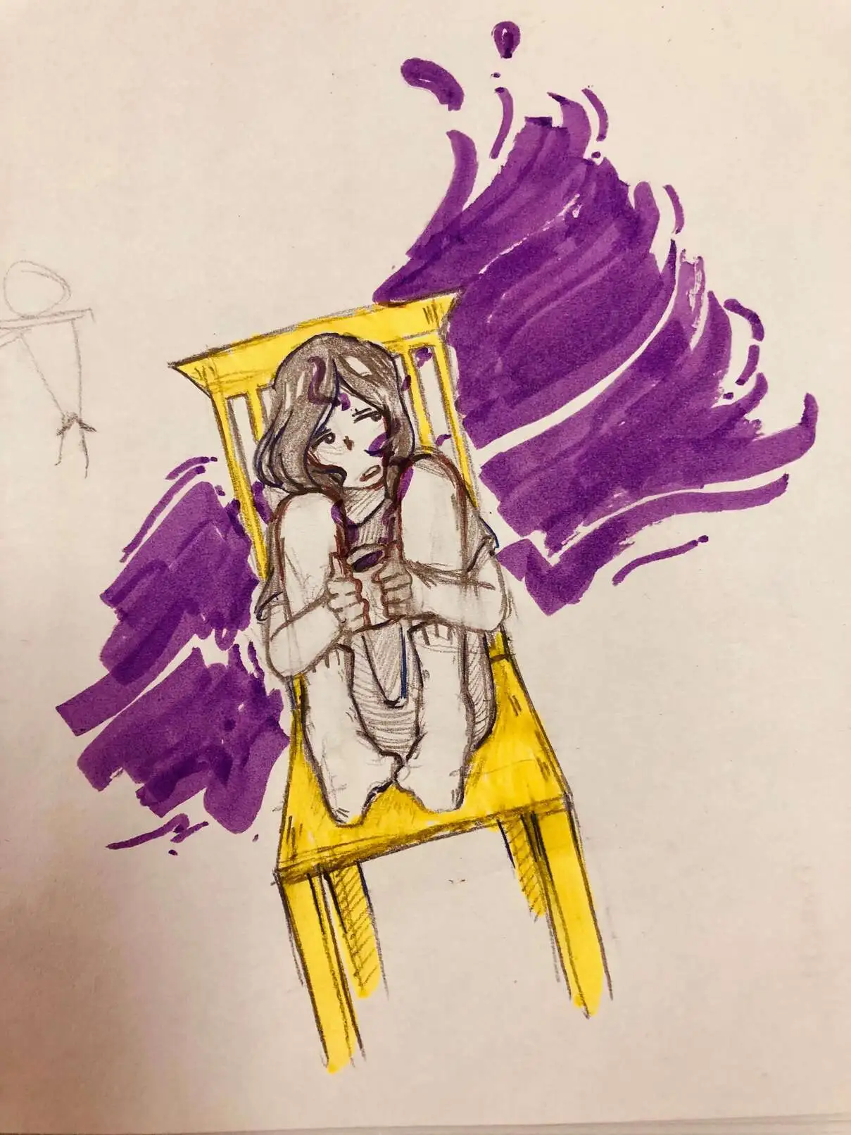 A doodle showing a girl sitting on a chair with a mug of coffee.